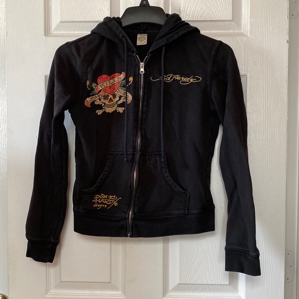 Y2K Don Ed Hardy Black Rhinestone Love Kills Slowly Hoodie